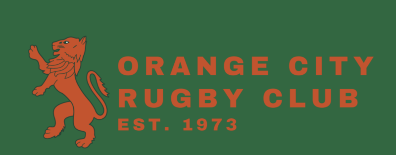Orange City Rugby Club banner with orange lion and text “Est. 1973” on green background.